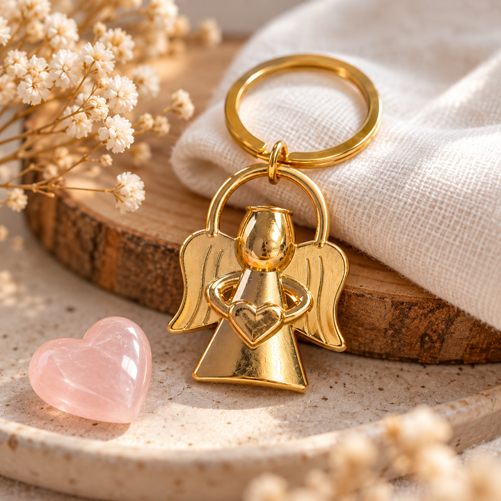Gold-colored guardian angel key ring – with heart motif