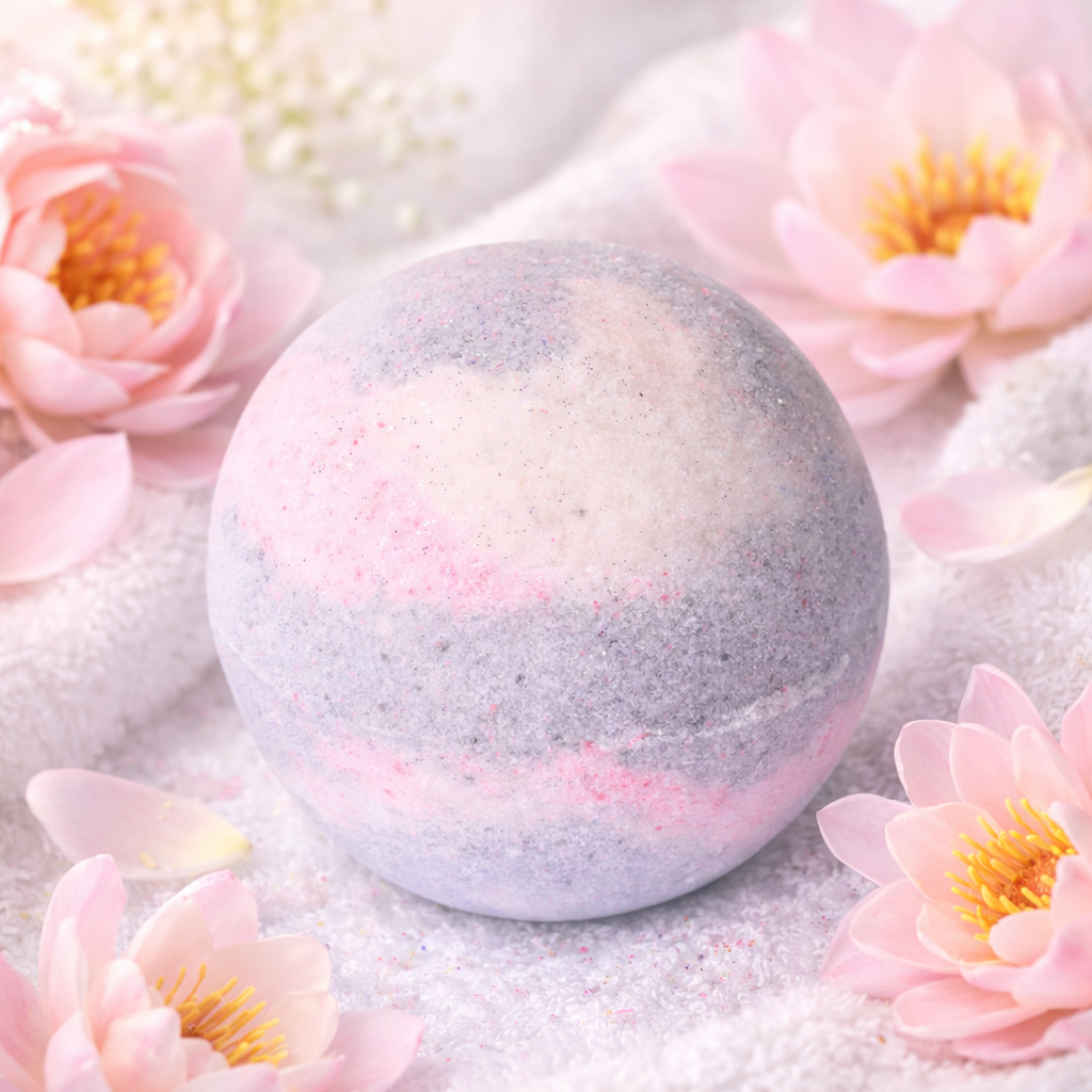 Floral-harmonische Badekugel „Lotus Blüte“ mit Bio-Kokosöl. Handgemacht in der Schweiz. Für entspannte Spa- & Selfcare-Momente.