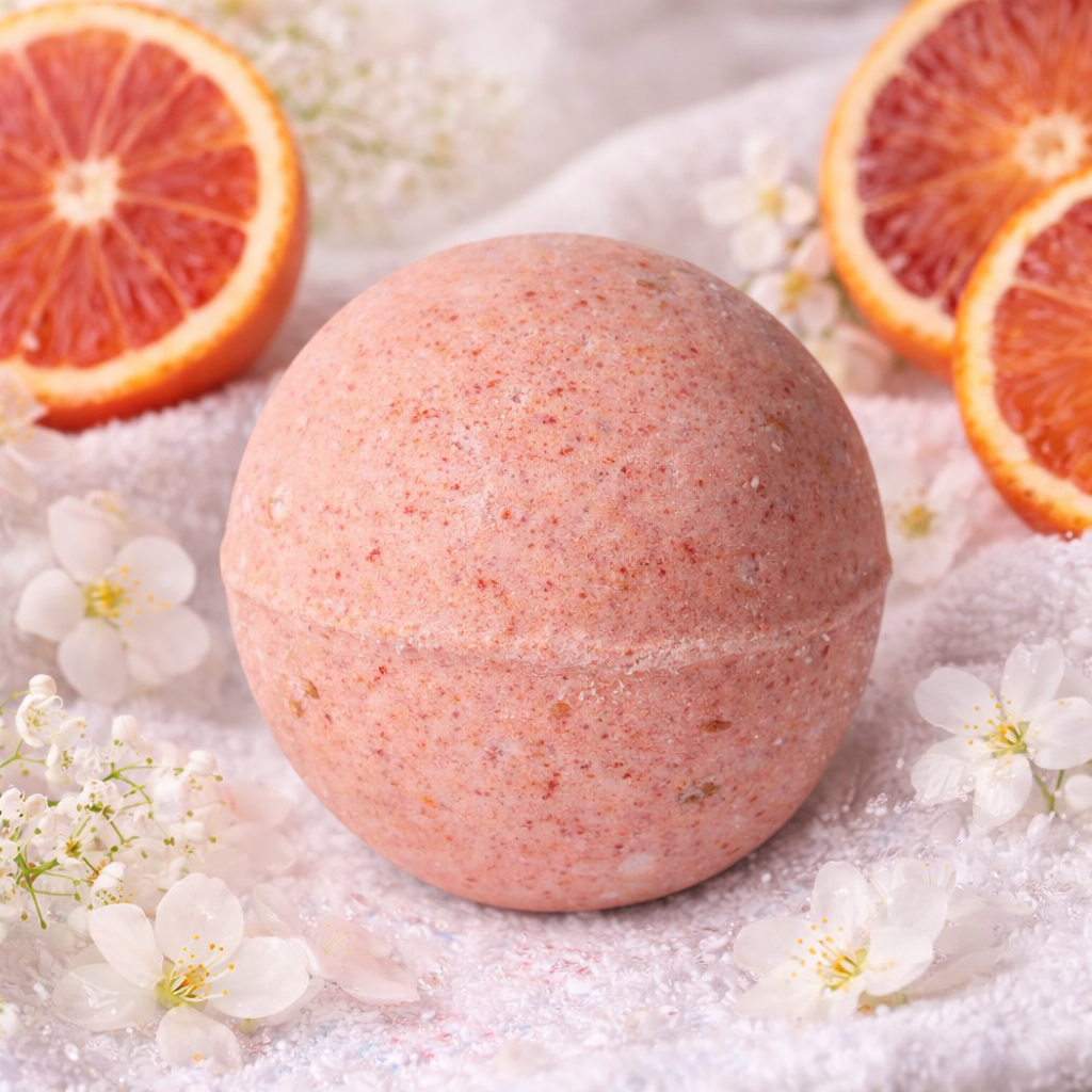 Florale Badekugel „Blutorange“ mit sanfter Fruchtnote. Handgemacht in der Schweiz, mit Bio-Kokosöl. Perfekt für entspannte Spa-Momente & Geschenkideen.