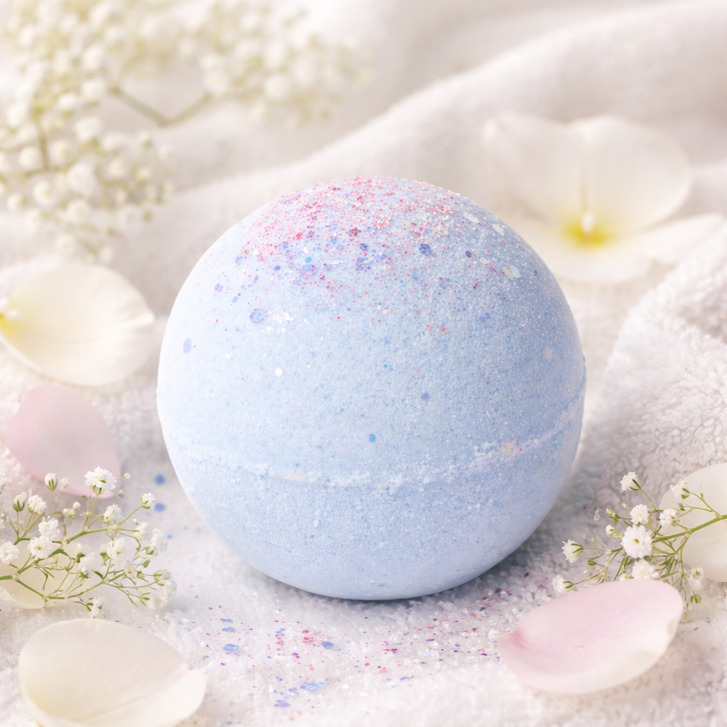 Badekugel Eskimo Kisses mit zart-floralem Duft wie Bodylotion. Mit Bio-Kokosöl, handgemacht in der Schweiz – ideal für Selfcare & Geschenkideen.