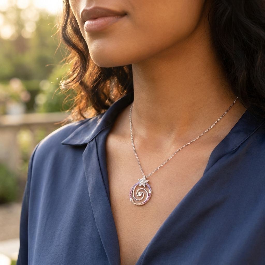 Spiralenstern Anhänger – versilbert, inkl. Kette