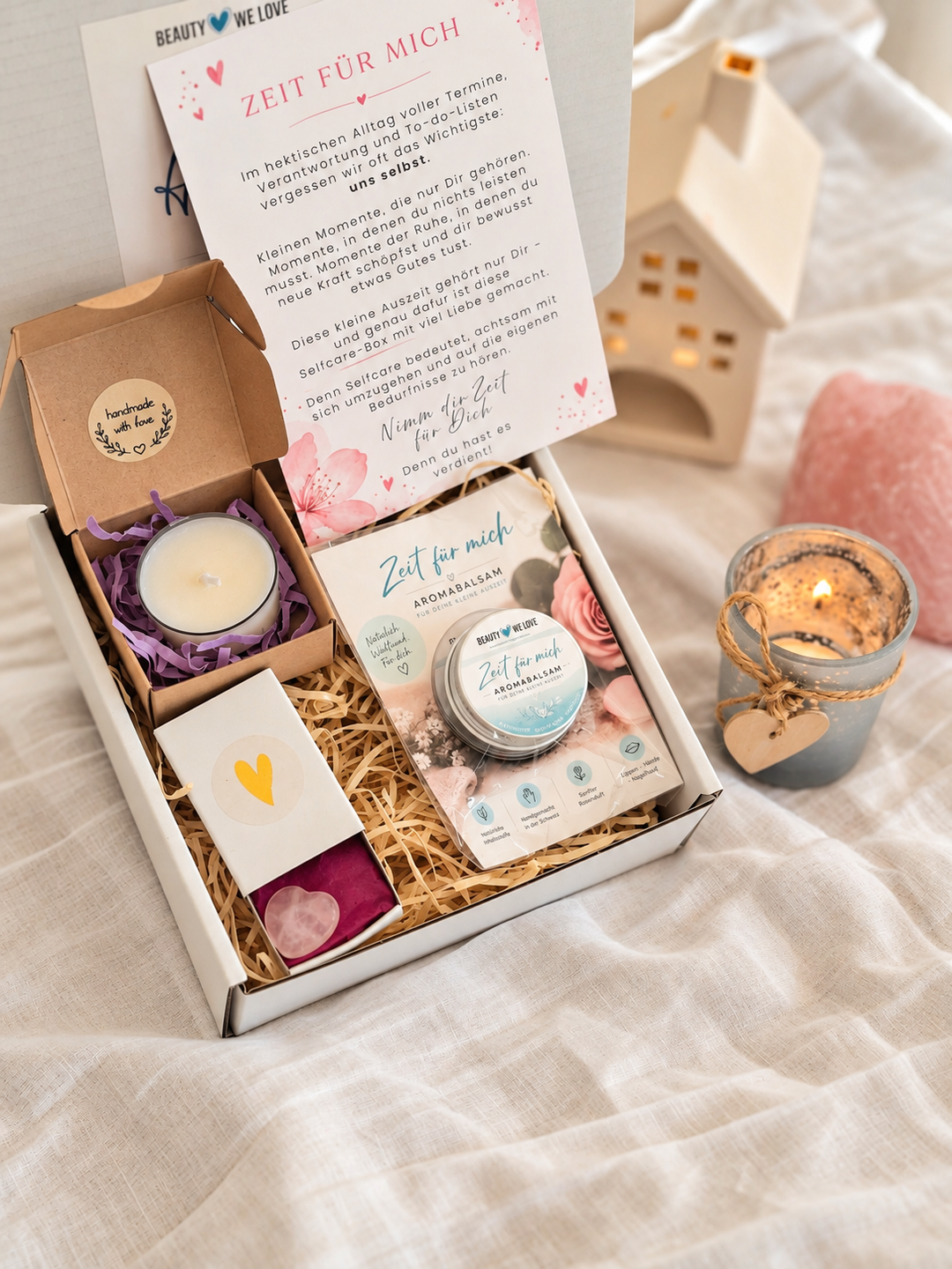Liebevolle Selfcare Geschenkbox mit Rosen Balsam "Zeit für mich", handgemachter Sojawachskerze mit kleiner Botschaft "danke dass es dich gibt" und einem Herz Rosenquarz