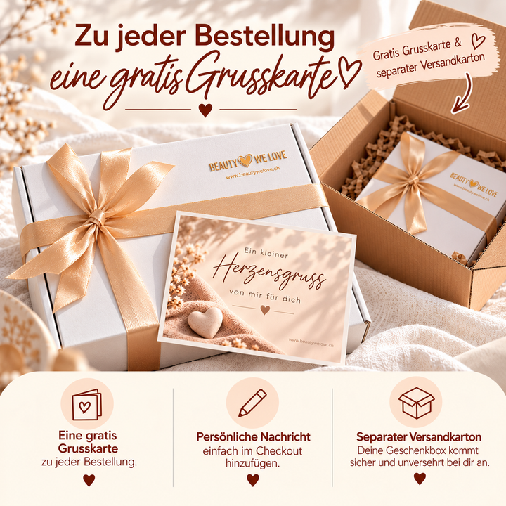 Bei jeder Bestellung gibt es eine gratis Grusskarte. Die Geschenkboxen werden in einem separaten Versankarton verschickt. 