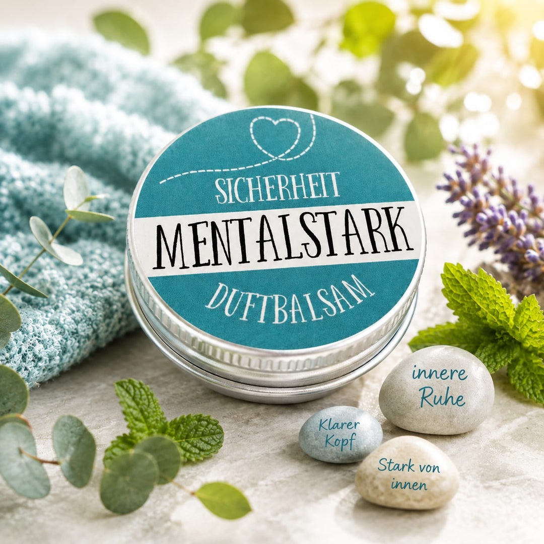 Mentalstark & Selbstbewusstsein – Natürlicher Aromabalsam – 15 g
Für Puls, Füsse &amp; Solarplexus – Entspannung, Vertrauen &amp; Stressabbau | Made in Switzerland
Dein stärkender Begleiter für innere Ruhe, emotionale Balance und neue Gelassenheit im Alltag.
Produktbeschreibung

Finde dein inneres Gleichgewicht zurück und gehe mit gestärktem Selbstbewusstsein durch herausfordernde Zeiten. Der Aromabalsam Mentalstark &amp; Selbstbewusstsein schenkt dir in Momenten von Druck, Überforderung oder Prüfungsan