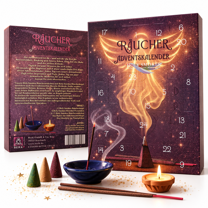 Exklusiver Adventskalender mit handgefertigten Holy Smokes Räucherkegeln, Pyramiden & Stäbchen für tägliche Momente der Entschleunigung