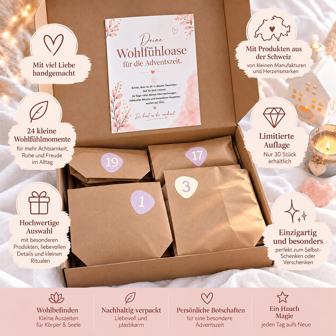 Vorteile des Adventskalenders - nachhaltig verpackt, mit Schweizer Produkten - perfekt zum verschenken oder für dich selbst