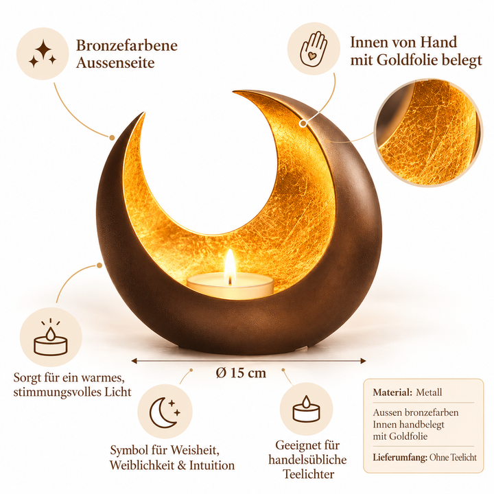 Edler Teelichthalter aus Metall mit Goldfolie "Mond-Goldlicht Luna" - ca. 15 cm