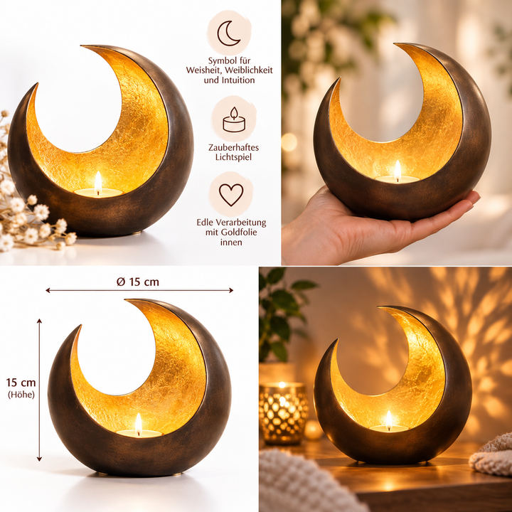 Edler Teelichthalter aus Metall mit Goldfolie "Mond-Goldlicht Luna" - ca. 15 cm