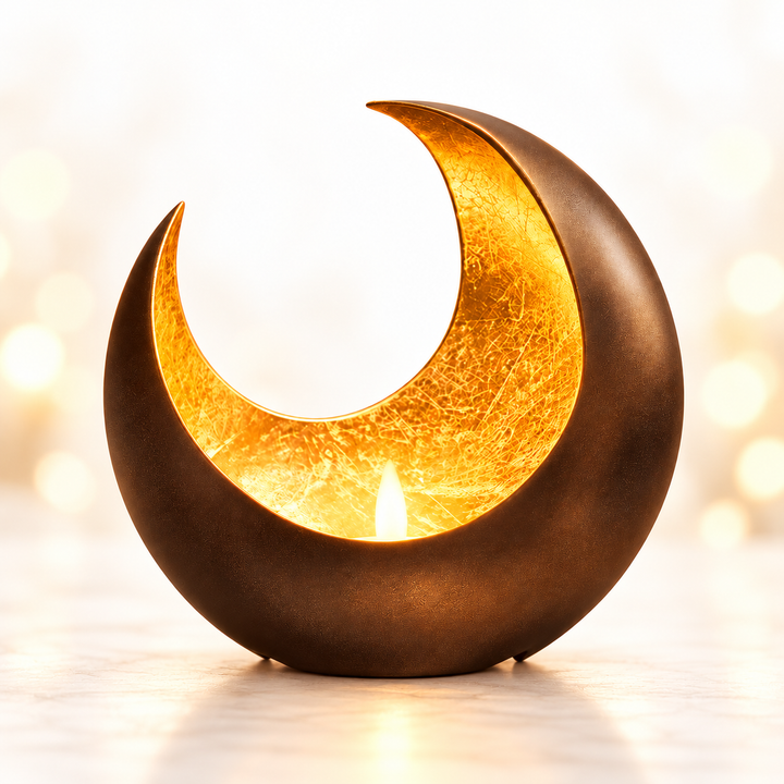 Produkt: Mond-Goldlicht Luna

Grösse: ca. 15 cm Durchmesser

Material: Metall (aussen bronzefarben, innen handbelegt mit Goldfolie)
