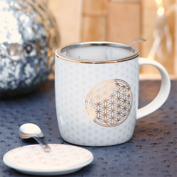 Teetasse mit Edelstahl Sieb und Blume des Lebens - 400 ml