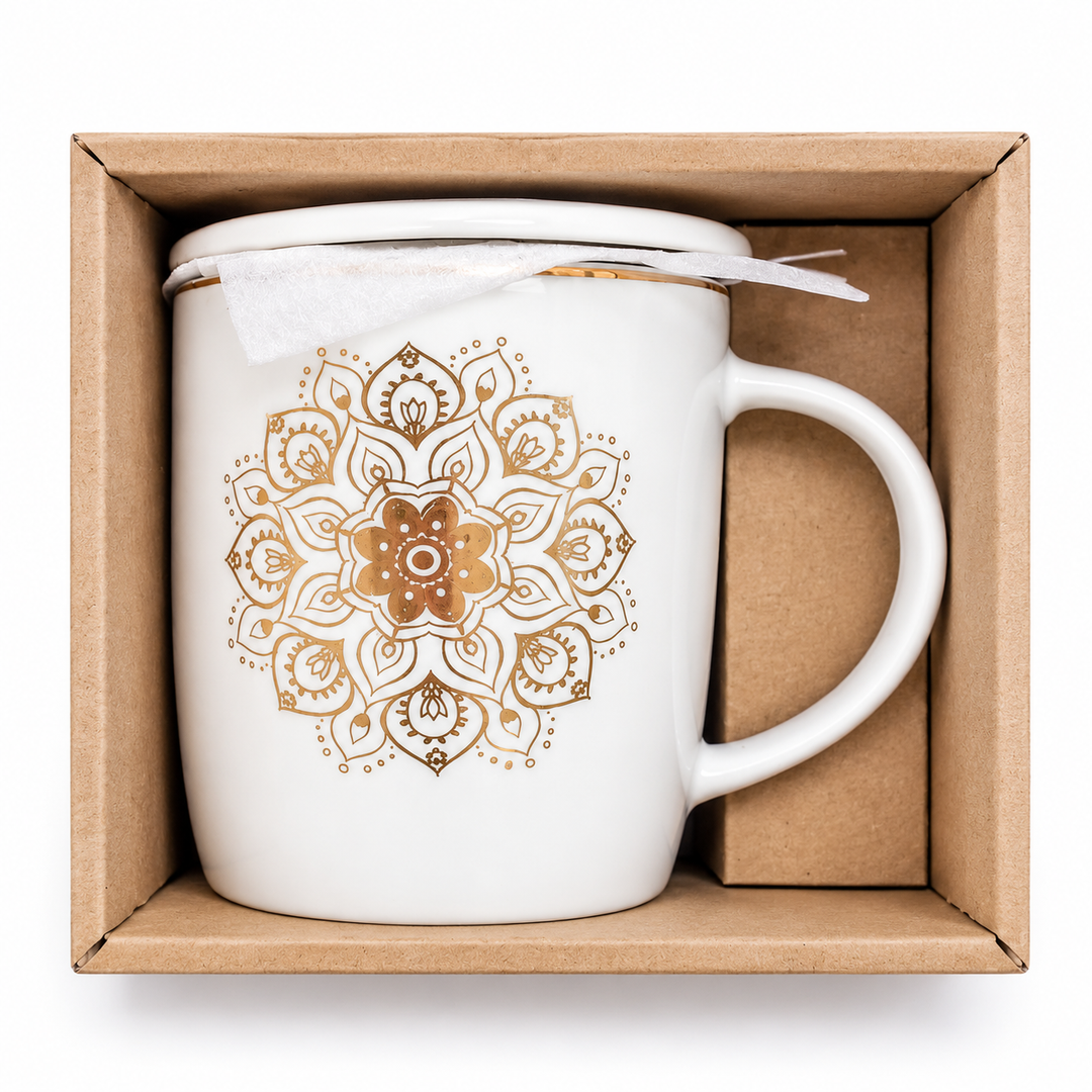 Teacup with stainless steel strainer and Flower of Life design - 400 ml