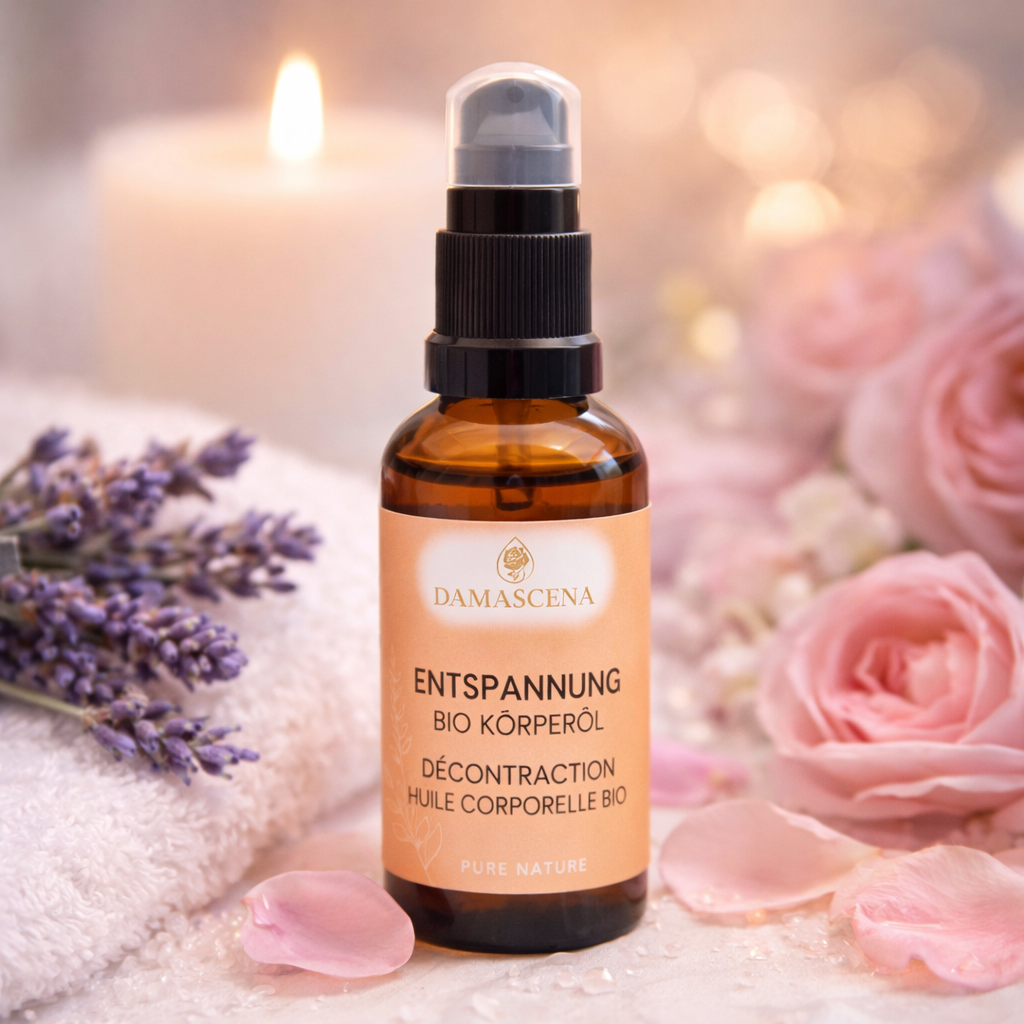 Hochwertiges Entspannungsöl mit kaltgepressten Bio-Trägerölen und fein abgestimmten ätherischen Ölen – ideal zum Einreiben und Massieren. Unterstützt sanft beim Loslassen, fördert innere Ruhe und schafft harmonisierende Selfcare-Momente.  
Liebevoll hergestellt in der Schweiz von Damascena.